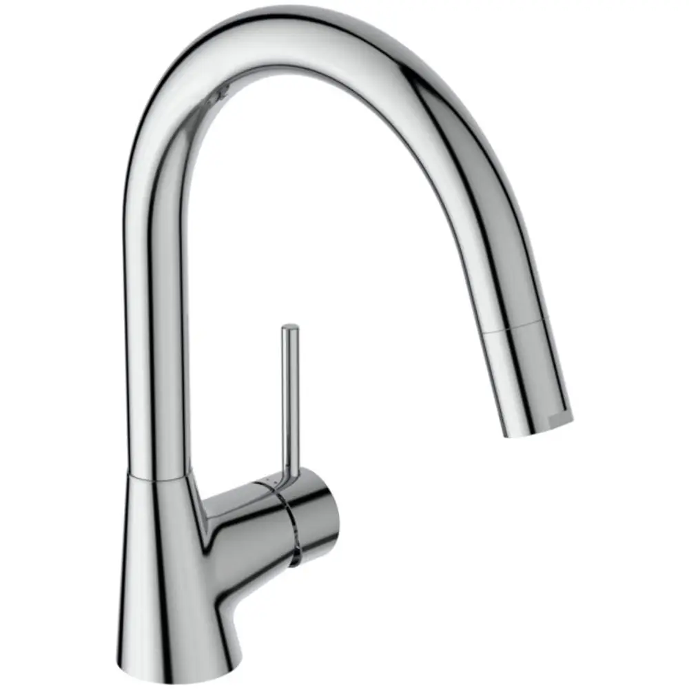 Küchenarmatur in Chrom mit geradem Auslauf und einem seitlichen Hebel. Ideal Standard-Design mit herausziehbarer Handbrause für flexiblen Einsatz.